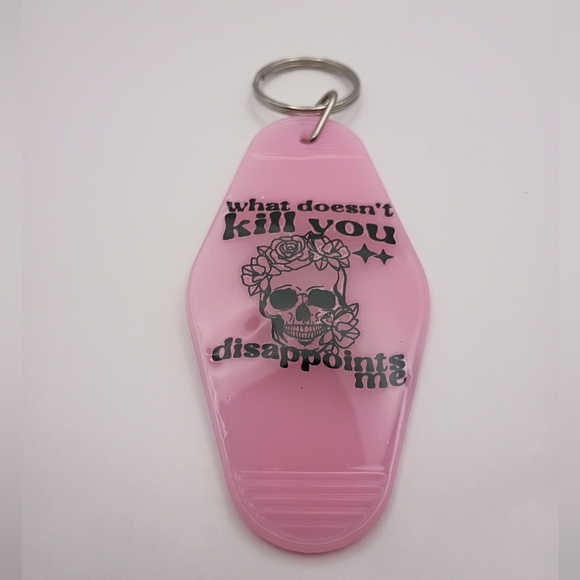 Hand Crafted Accessories - Motel Keychain Custom Pink and Black Text With Skull Car Accessory Great Gift!